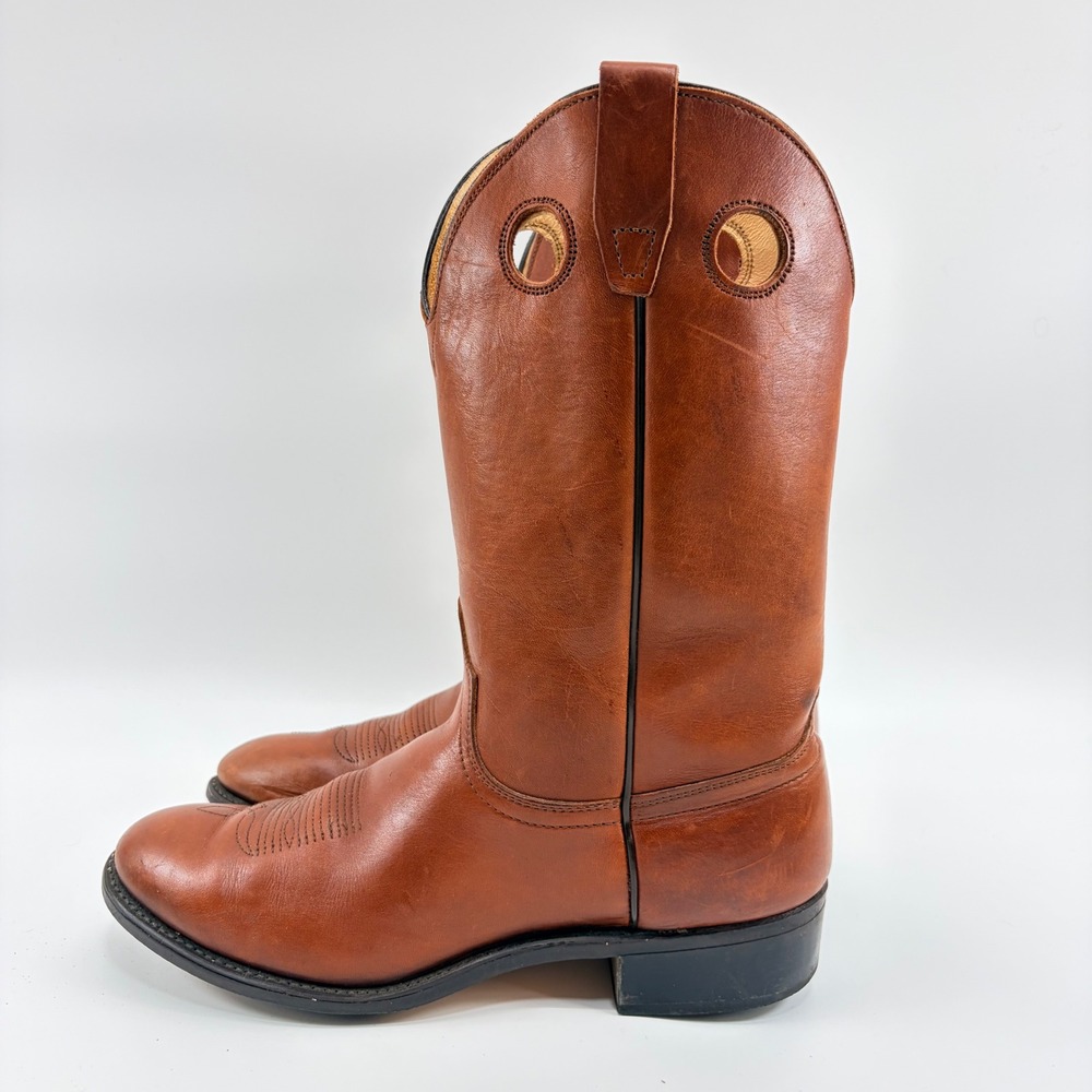 Vintage Cognac Brown Leather Western Cowboy Boots Men's 11 Rugged Rustic Boho